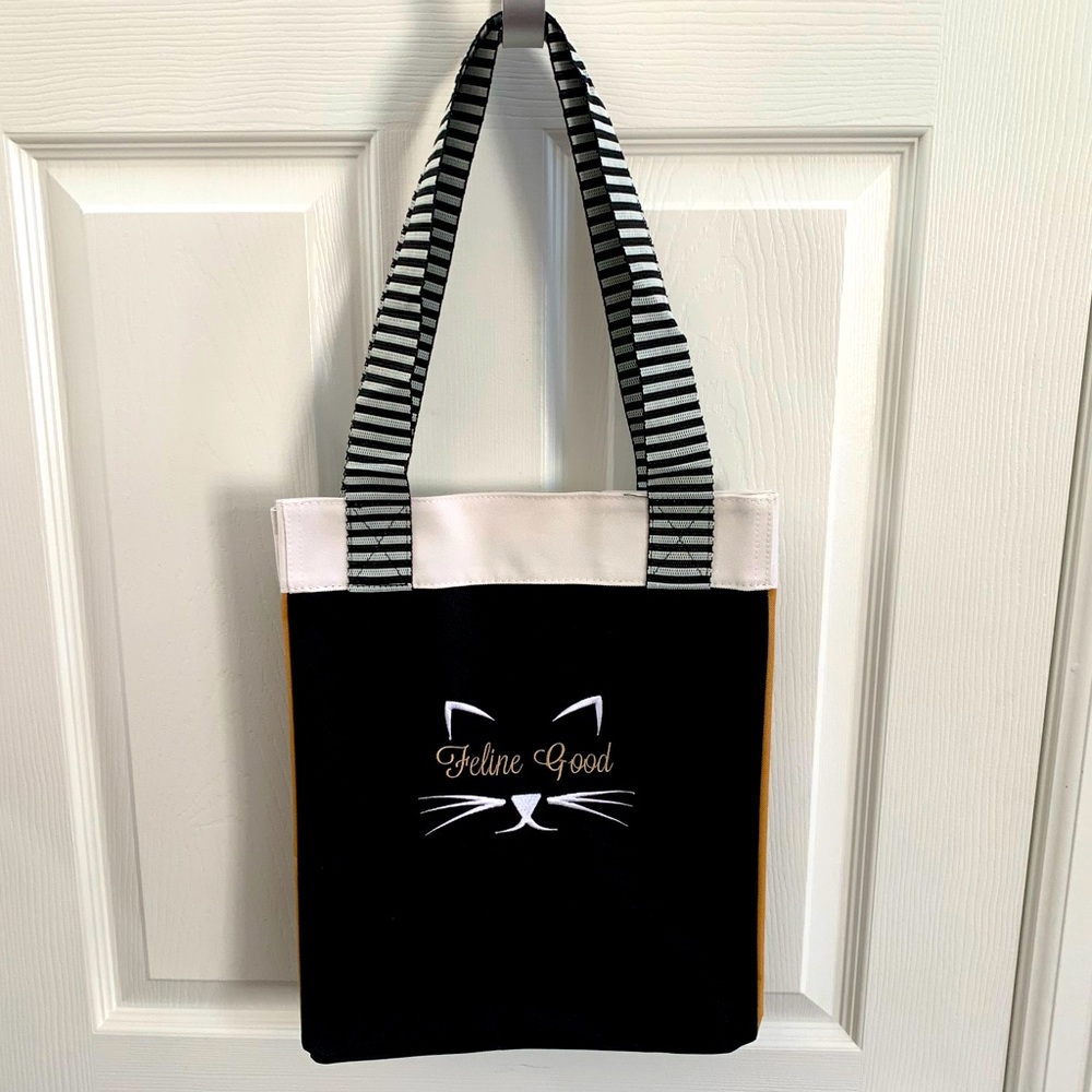 Essential Storage Tote - bold color-block, monogrammed w/ cat face “Feline Good”